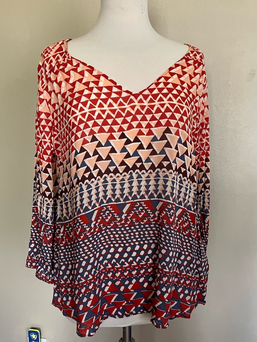Lucky Brand Red, Navy & Cream Geometric V-Neck Blouse